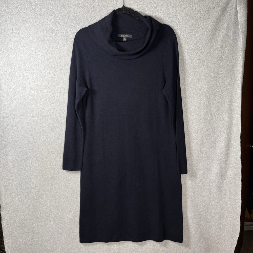 Brooks brothers merino wool dress womens XL Navy blue midi turtleneck cowl